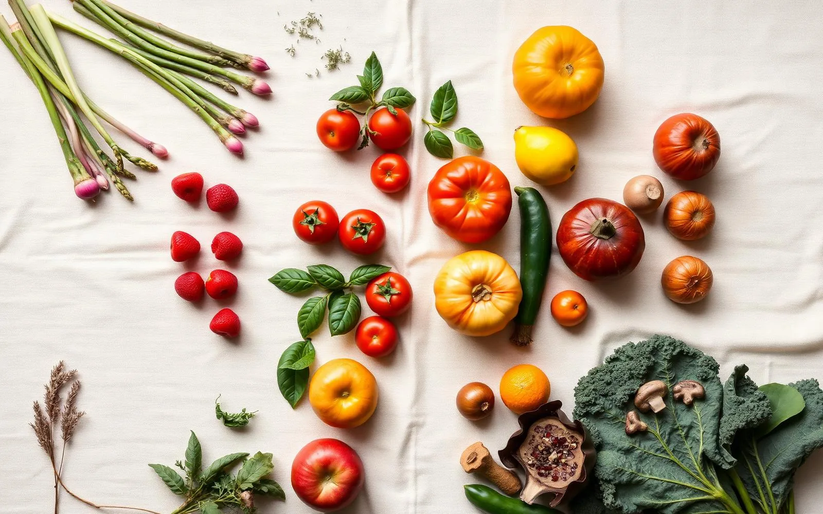 Fruits, légumes et herbes de saison disposés sur une nappe en lin chaleureuse
